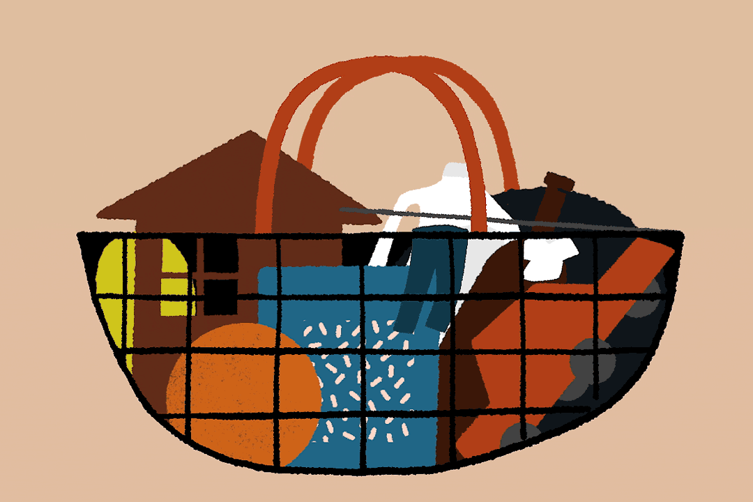 illustration of 'basket of goods' such as milk, a car, and other items expanding in size