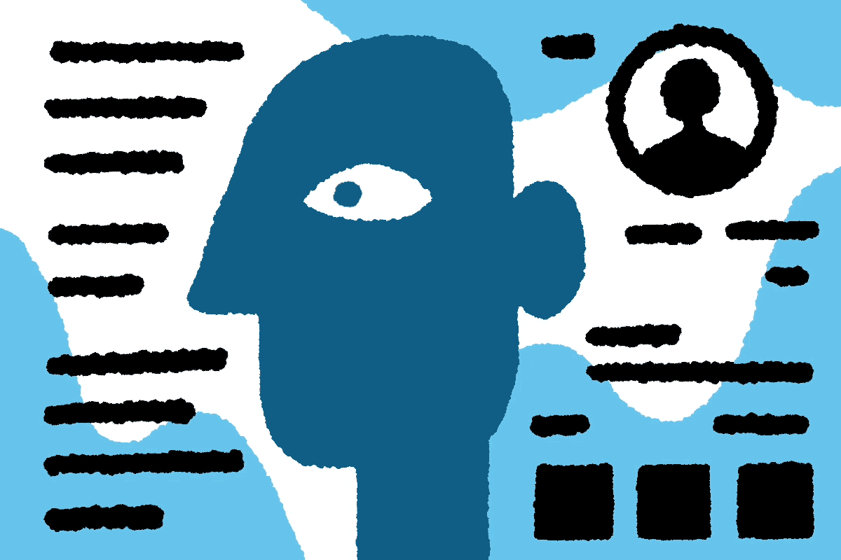 Illustration of person peeking at resume with photo