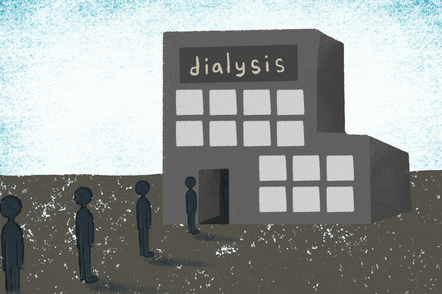 Animation shows people going into building labeled dialysis