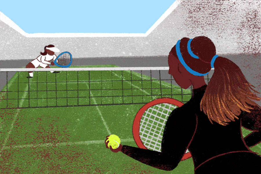 Animation showing tennis player getting ready to serve with sweat droplet rolling down her face.