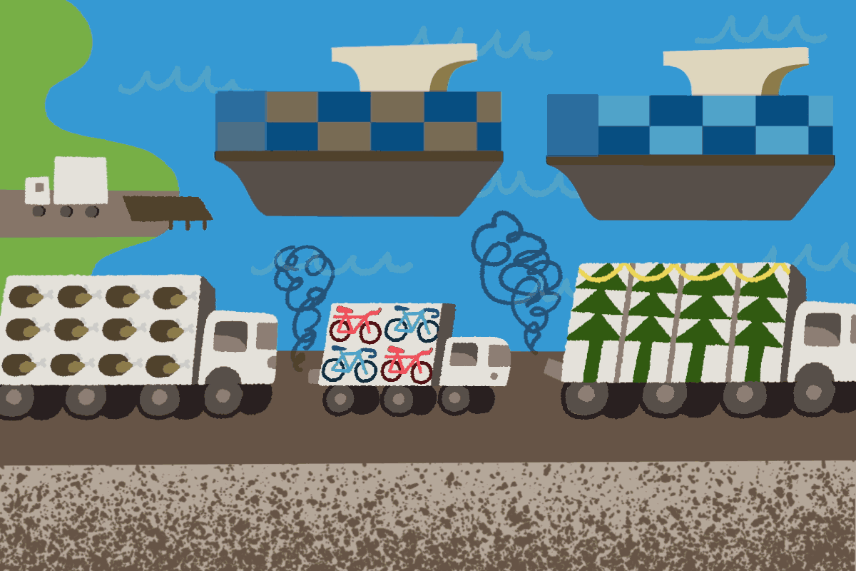 animation of trucks in bumper-to-bumper traffic, swarm of boats