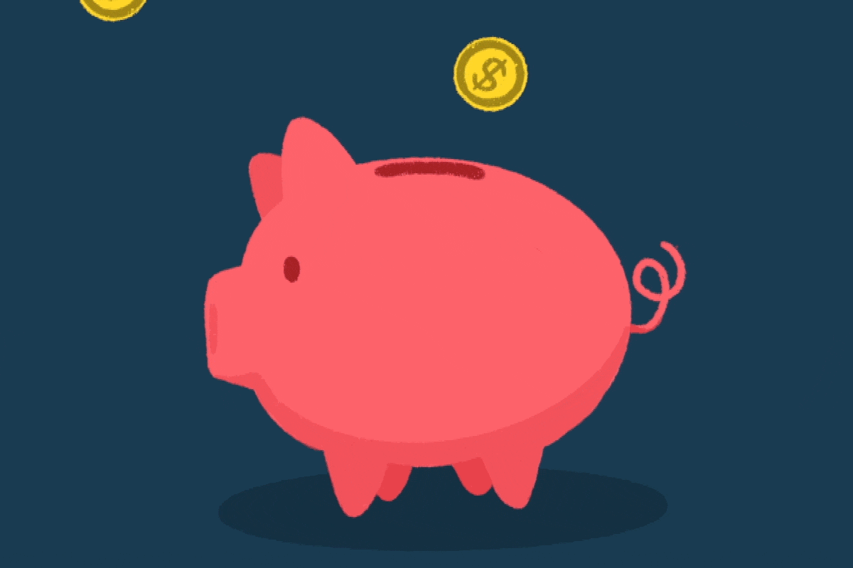 Animated image of coins dropping in a piggy bank