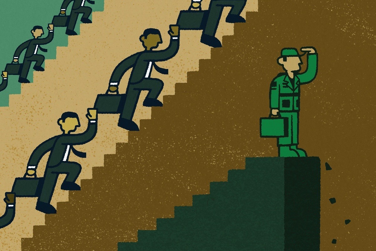 Animated GIF of veteran standing on staircase